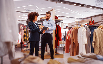 Two store employees having a discussion while looking at a clipboard.