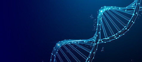 Abstract digital wavy image with dots and lines in dark blue background resembling DNA