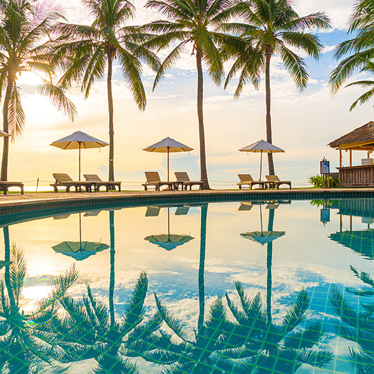 Pools with palms tree in front of ocean.