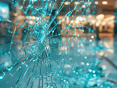 Shattered turquoise colored glass screen that looks like a spider's web